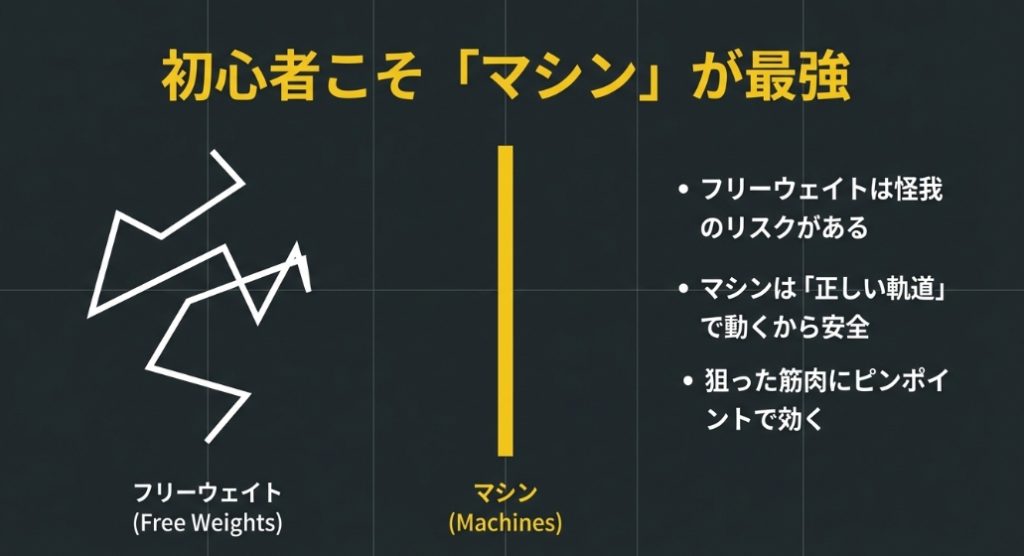 初心者こそマシンが最強。フリーウェイトは怪我のリスクがあるが、マシンは正しい軌道で動くから安全で、狙った筋肉にピンポイントで効く。