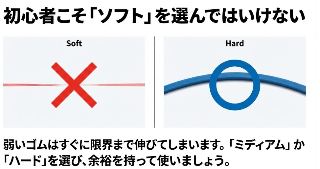 弱いゴム（ソフト）はすぐに限界まで伸びて切れてしまうため、初心者でもミディアムかハードを選ぶべきであることを推奨する比較画像。