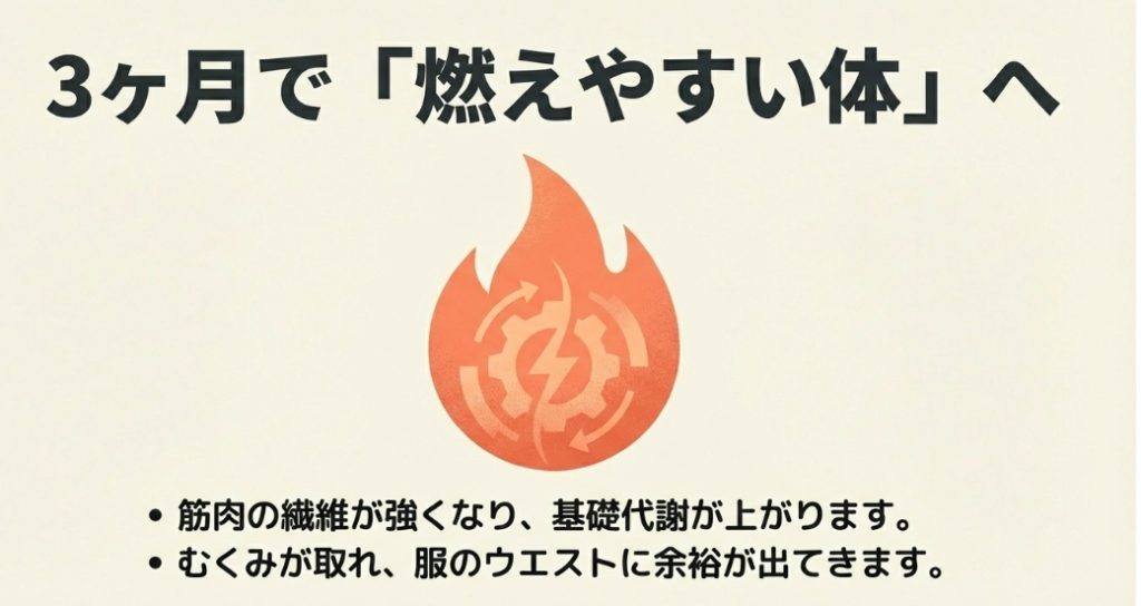 基礎代謝が上がり脂肪燃焼が加速する様子を表した炎とギアのイラスト