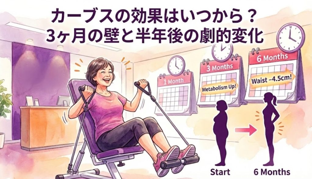 カーブスの効果はいつから？3ヶ月で代謝アップ、半年でウエストマイナス4.5cmの変化を示すタイムラインと、笑顔でマシン運動をする女性のイラスト。