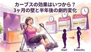 カーブスの効果はいつから?3ヶ月で代謝アップ、半年でウエストマイナス4.5cmの変化を示すタイムラインと、笑顔でマシン運動をする女性のイラスト。