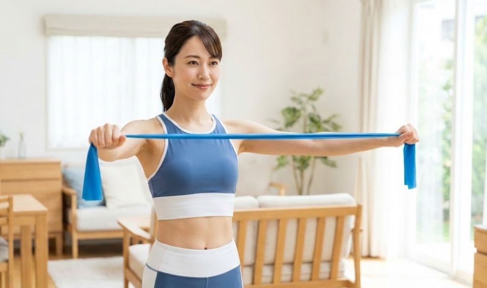 明るいリビングで、ダイソーの青いトレーニングチューブを使って笑顔で胸のトレーニング（チェストエクスパンダー）をしている日本人女性。切れる不安を解消し、安全に宅トレを楽しんでいる様子。