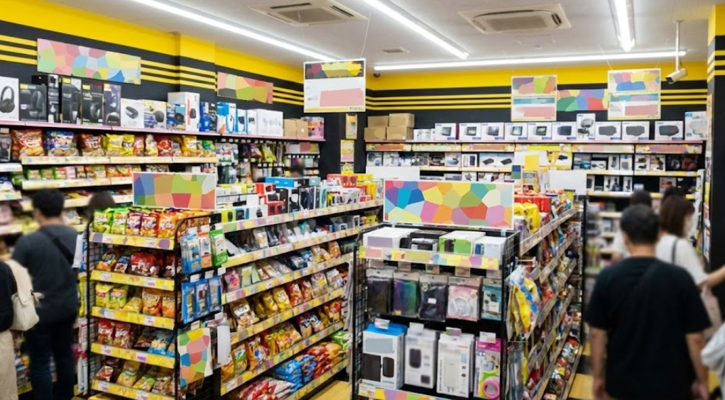 黄色と黒のストライプ模様の壁が特徴的なディスカウントストア（ドン・キホーテ）の店内。所狭しと並べられた家電や雑貨の商品棚と、通路を行き交う買い物客の様子。