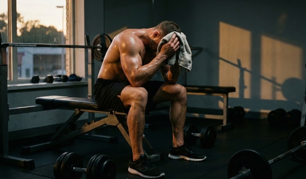 夕暮れのジムで、激しい筋トレの後に疲労困憊し、ベンチに座ってタオルで顔を覆い、うなだれている筋肉質の男性の様子。