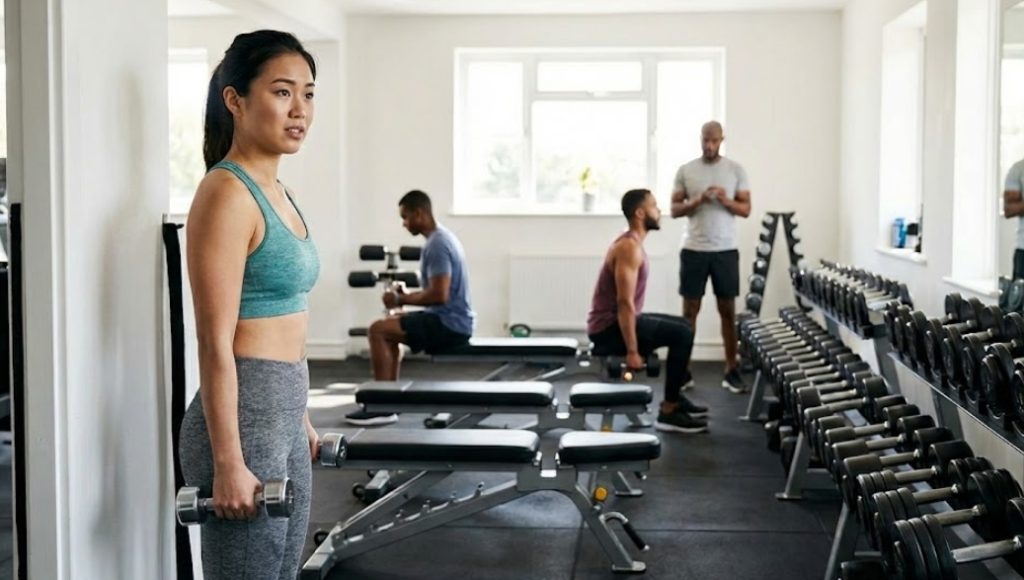 ジムのフリーウェイトエリアでダンベルを持ち、トレーニングに挑戦する日本人女性