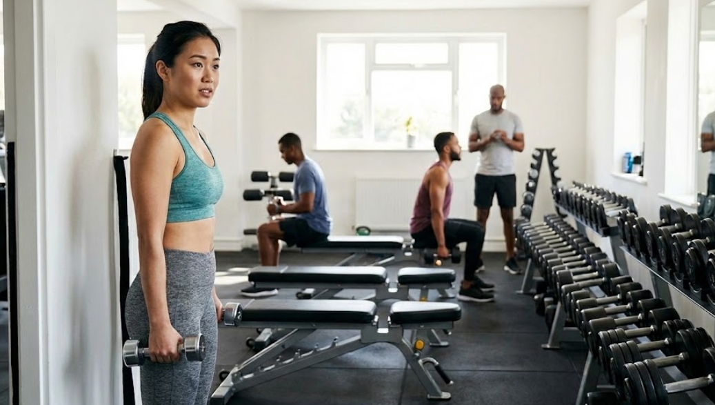 ジムのフリーウェイトエリアでダンベルを持ち、トレーニングに挑戦する日本人女性