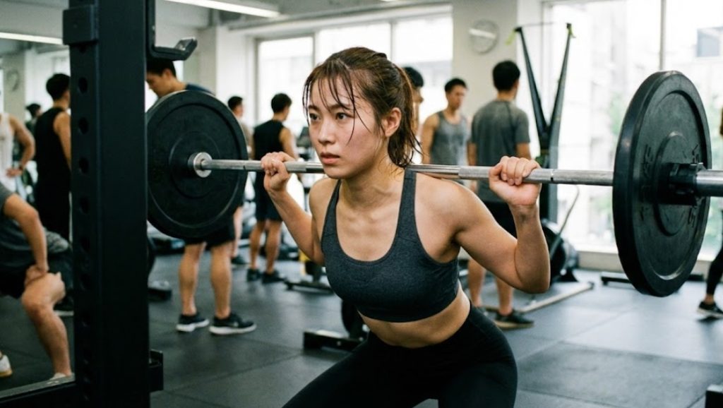 ジムのパワーラックで真剣な表情でバーベルスクワットに取り組む日本人女性