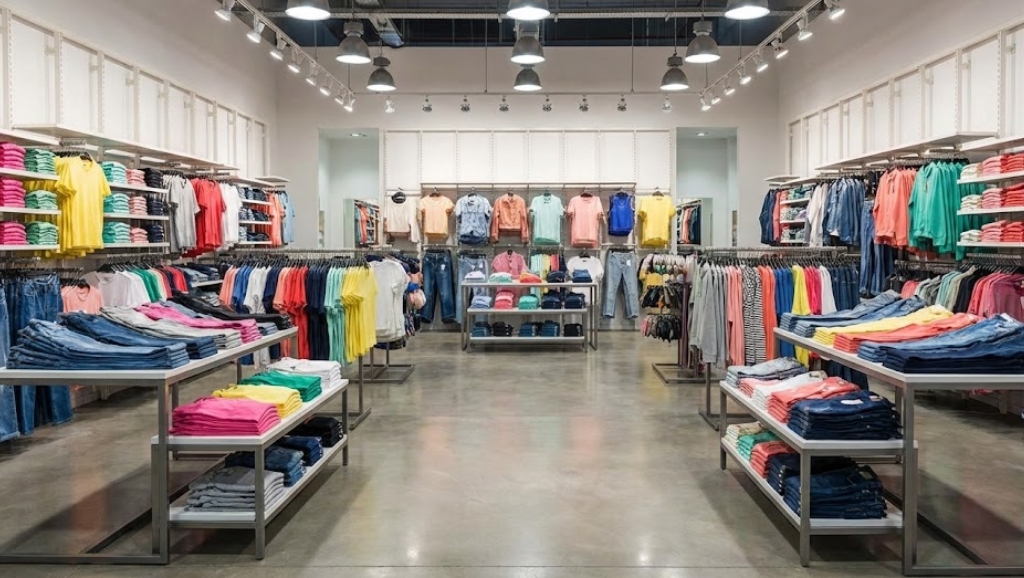 大量の衣類が整然と陳列された、無人のファストファッション店舗の内観。明るい照明の下、カラフルなTシャツやジーンズが棚やハンガーラックに並んでいる。