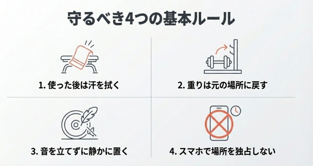 汗を拭く、重りを戻す、静かに置く、スマホで独占しないというフリーウェイトの4つの基本ルール