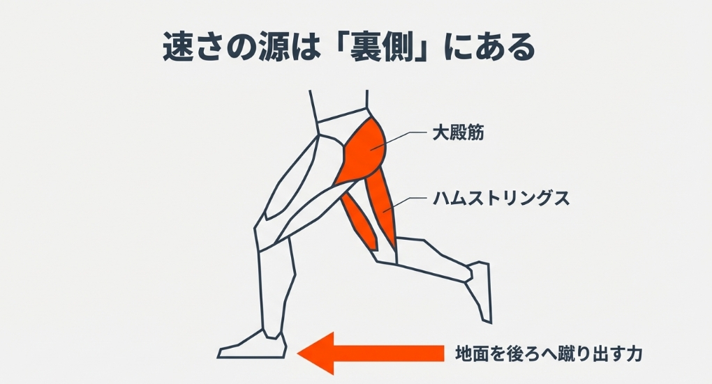 スプリントの速さの源となる大殿筋とハムストリングスが地面を後ろへ蹴り出す力を示す図解