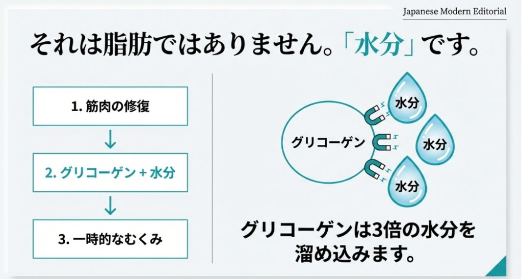 筋肉の修復に必要なグリコーゲンが3倍の水分を溜め込むことで、一時的なむくみが発生するメカニズムのイラスト