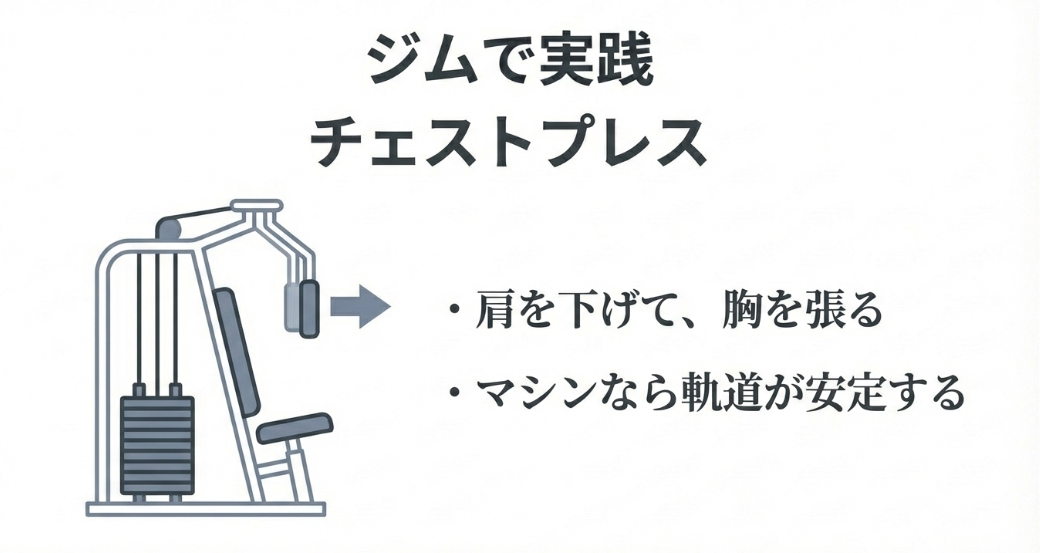 ジムにあるチェストプレスマシンのイラスト。軌道が安定しており、肩を下げて胸を張ることで効果的に鍛えられる様子。