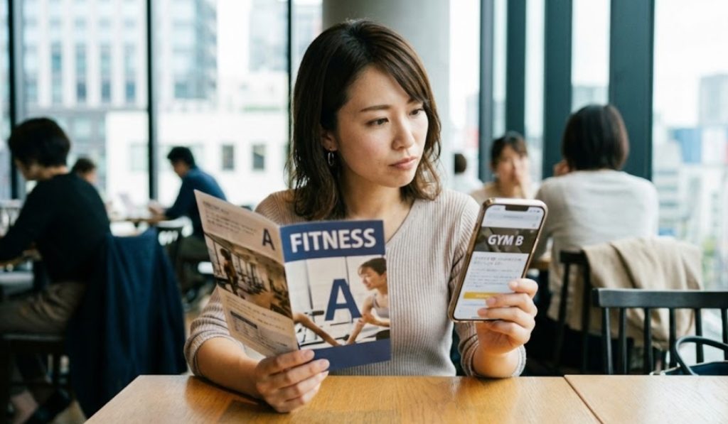 カフェのテーブル席で、左手に「FITNESS A」のパンフレット、右手に「GYM B」と表示されたスマートフォンを持ち、真剣な表情で見比べながらジムを比較検討している日本人女性。