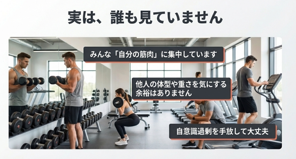 ジムでは誰も他人の体型や重さを見ておらず、自分の筋肉に集中していることを伝えるスライド