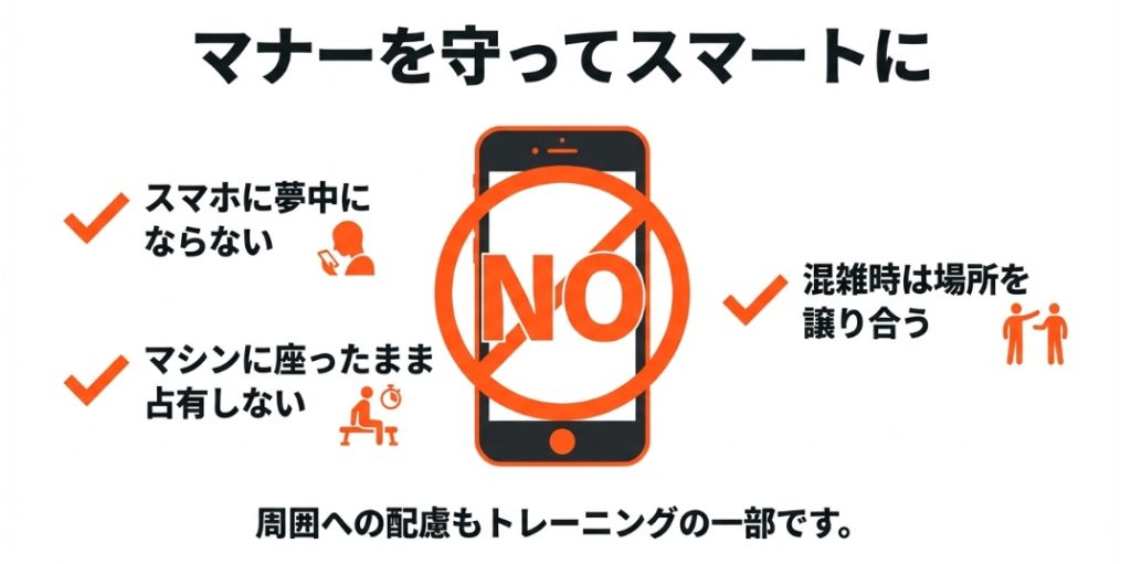 ジムでのスマホ操作禁止マークとマシン占有NGのマナー喚起
