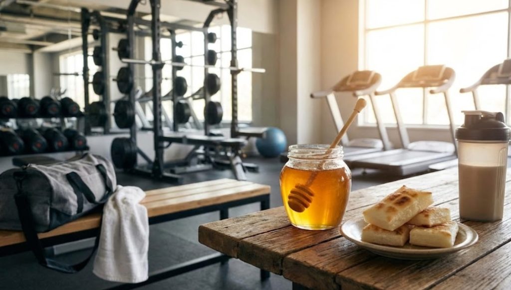 自然光が差し込むジムの休憩スペースにある木製テーブルの上に、はちみつの入った瓶とディッパー、皿に盛られた焼いた切り餅、プロテインシェイカーが置かれている。背景にはベンチや筋トレ器具が並んでいる。