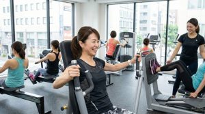 自然光が差し込む明るいフィットネスジムで、40代から50代くらいの日本人女性たちが、笑顔でマシントレーニングのグループレッスンに参加している。中央の女性はチェストプレスを使いながら楽しそうに笑っており、周囲の女性たちもそれぞれ別のマシンで運動に励んでいる、活気あるトレーニング風景。