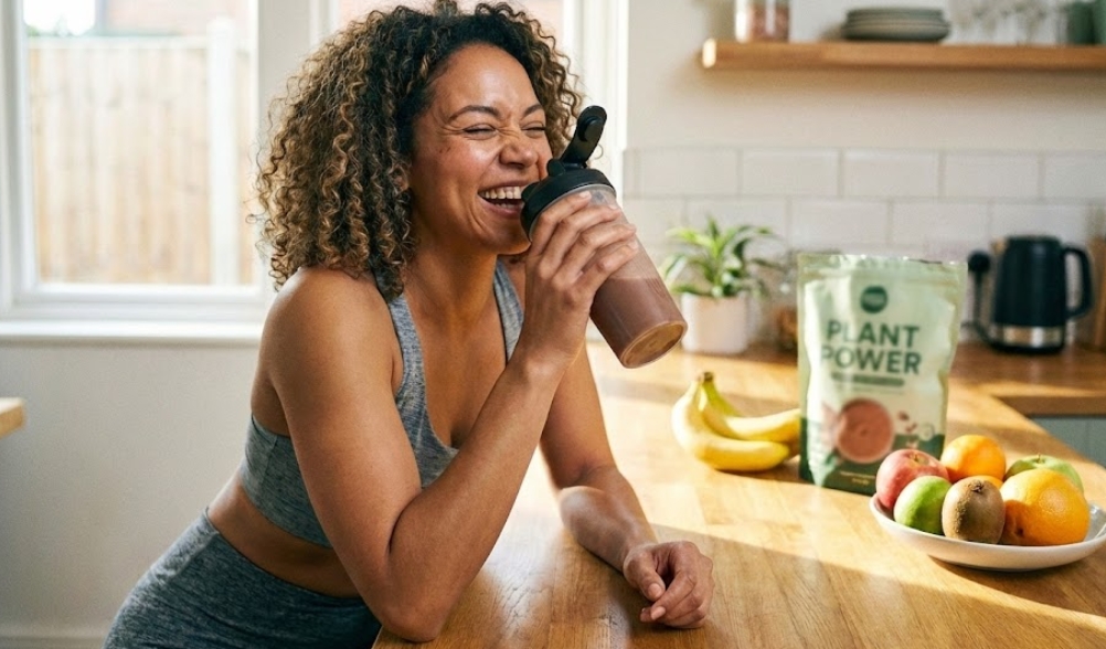自然光が差し込むキッチンで、フィットネスウェアを着たカーリーヘアの女性が満面の笑みを浮かべ、シェイカーボトルからチョコレート味のプロテインシェイクを美味しそうに飲んでいる様子。カウンターにはバナナやオレンジなどのフルーツと、植物性プロテインの袋が置かれている。