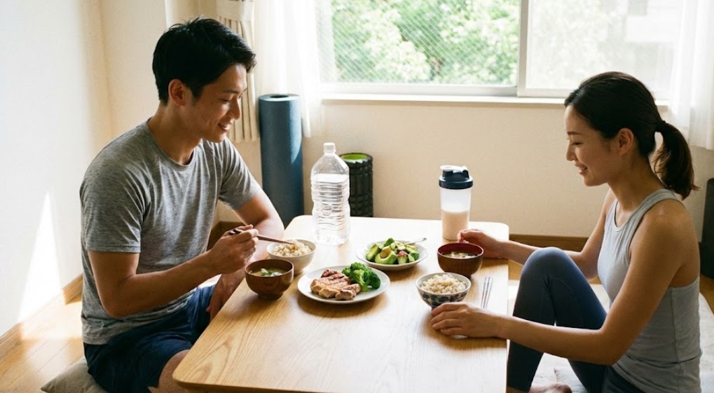 明るい日差しが差し込む部屋で、トレーニングウェアを着た日本人の男女が、焼き魚、玄米、サラダ、味噌汁などの健康的な食事を笑顔で楽しんでいる様子。テーブルには水やプロテインシェイカーもあり、運動後のリカバリーを意識した食事風景。