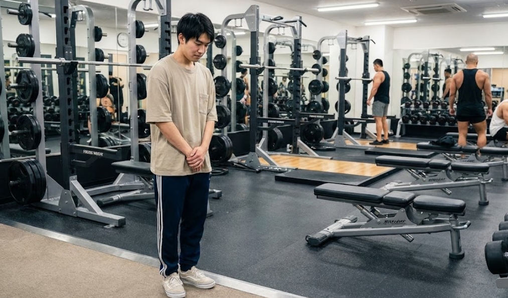 ジムのフリーウェイトエリアの前で、入るのを躊躇して立ち尽くす初心者の日本人男性
