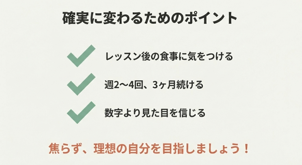 レッスン後の食事、週2〜4回の頻度で3ヶ月続けること、数字より見た目を信じることなど、ホットヨガで確実に変わるためのまとめ