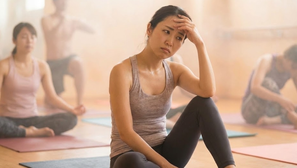 蒸気で曇ったホットヨガスタジオで、汗をかきながらマットに座り込み、思うように痩せないことに悩んで困った表情を浮かべる日本人女性。