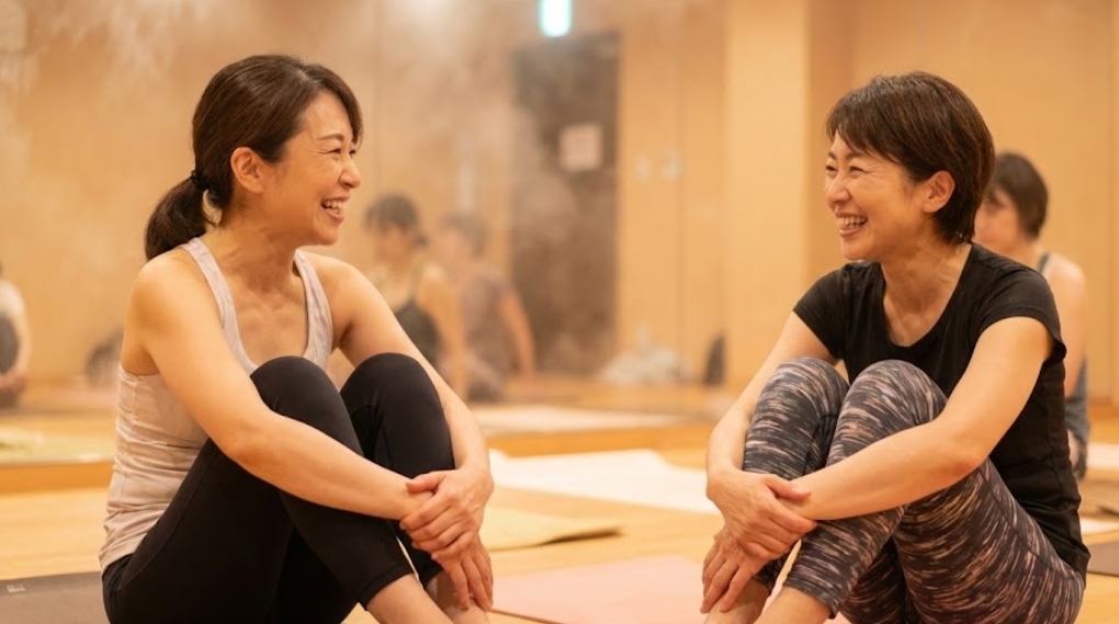 ホットヨガスタジオのレッスン後、ヨガマットの上でリラックスして笑顔で楽しそうに会話している、40代から50代の日本人女性2人。