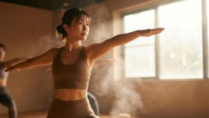 蒸気が満ちたホットヨガスタジオで、汗を流しながら力強く英雄のポーズをとる日本人女性。真剣な表情でレッスンに取り組み、痩せない悩みを乗り越えようとしている様子。