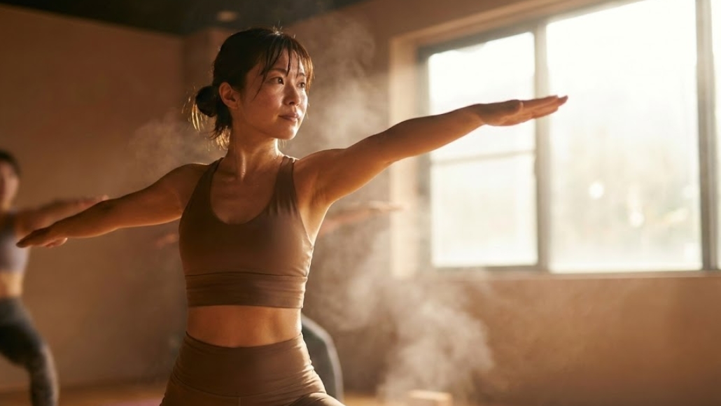 蒸気が満ちたホットヨガスタジオで、汗を流しながら力強く英雄のポーズをとる日本人女性。真剣な表情でレッスンに取り組み、痩せない悩みを乗り越えようとしている様子。