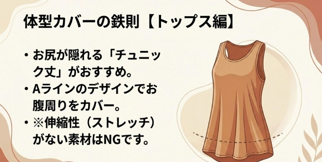 体型カバーの鉄則トップス編：お尻が隠れるチュニック丈