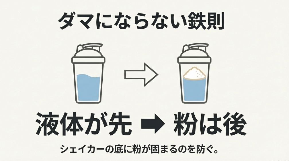 ダマを防ぐために液体を先に入れ粉を後に入れる手順を示したシェイカーの図