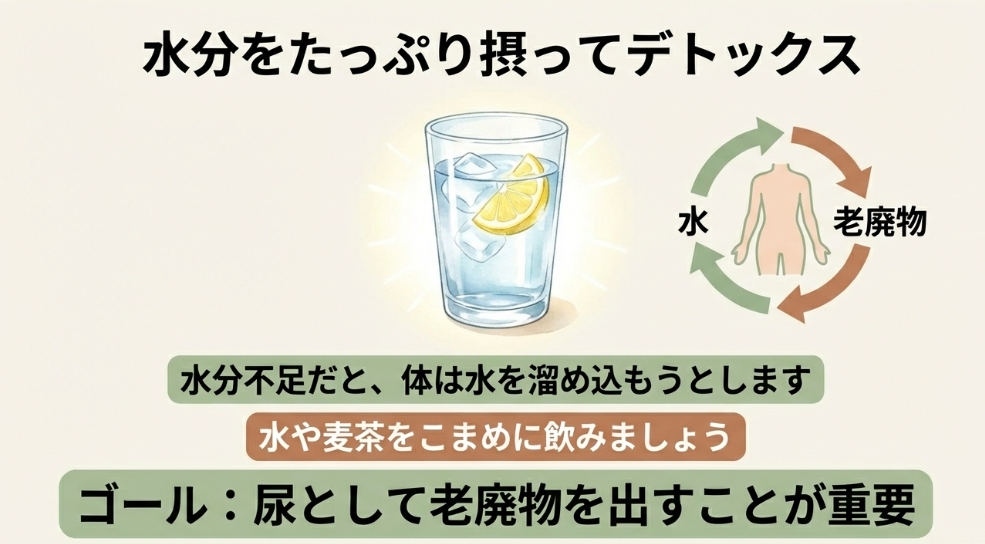 水分不足を防ぎ、水や麦茶をこまめに飲んで尿として老廃物を排出することの重要性を示すイラスト