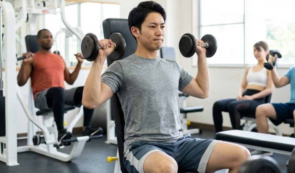 ジムのベンチに座り、真剣な表情でダンベルショルダープレスを行う初心者の日本人男性