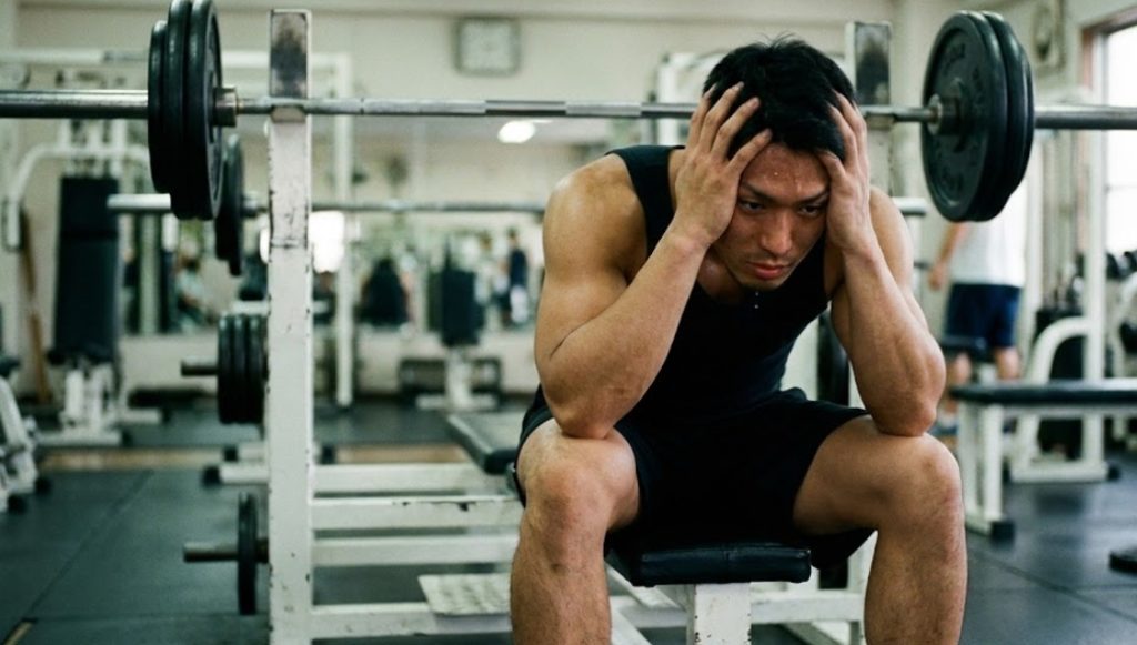 ジムのベンチプレス台に座り、トレーニングの停滞に苦悩して頭を抱えている日本人男性