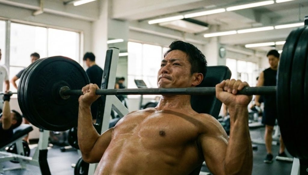 ジムで汗を流しながらベンチプレスで大胸筋を鍛える筋肉質の日本人男性