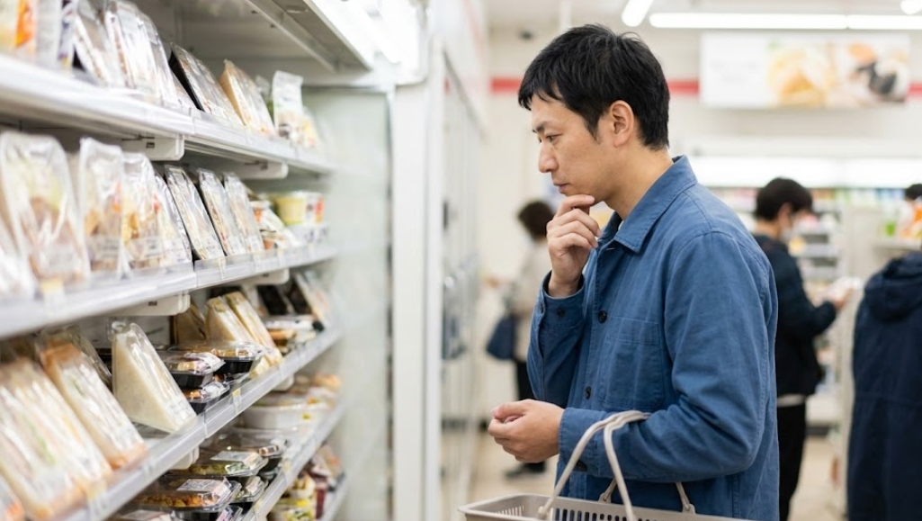 青いジャケットを着たマスクをしていない日本人男性が、コンビニエンスストアの冷蔵棚の前で、顎に手を当てて考え事をしながら商品(おにぎりやサンドイッチなど)を選んでいる様子。片手には買い物かごを持っている。