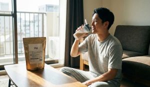自宅のリビングでリラックスしながら、シェイカーでプロテインを飲んでいる日本人男性。テーブルの上には1kgと記載されたプロテインの大袋が置かれている。