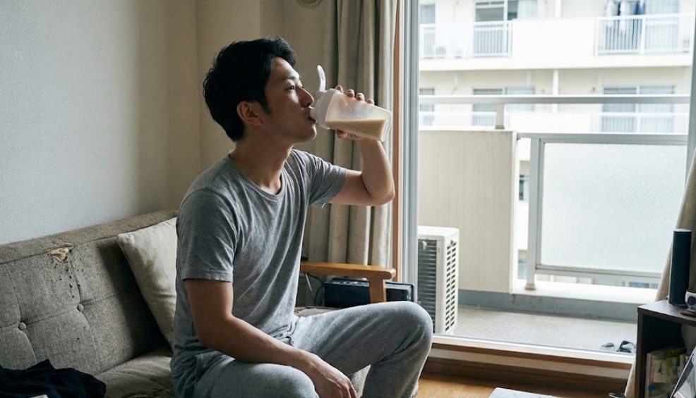 日本のマンションのリビングで、ベランダを背景にシェイカーからプロテインを飲んでいる部屋着姿の日本人男性。