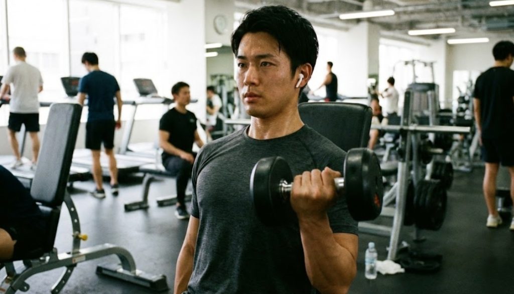 ジムでワイヤレスイヤホンを装着し、真剣な表情でダンベルカールを行う日本人男性