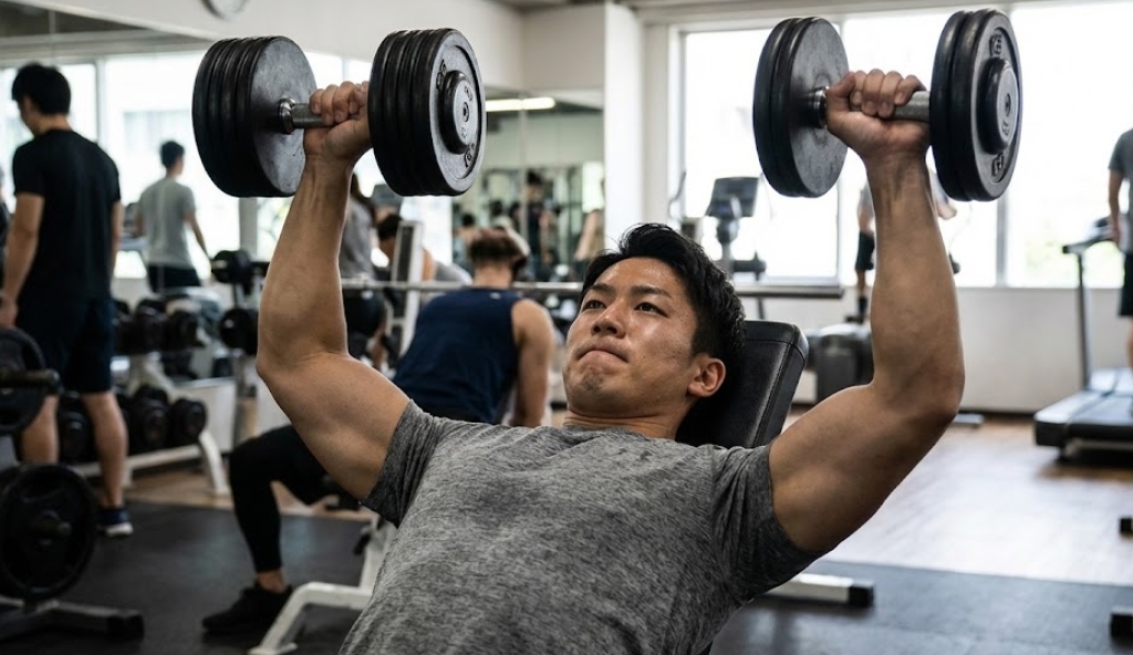 日本のジムで、インクラインベンチを使い、重いダンベルでプレスをしている筋肉質の日本人男性