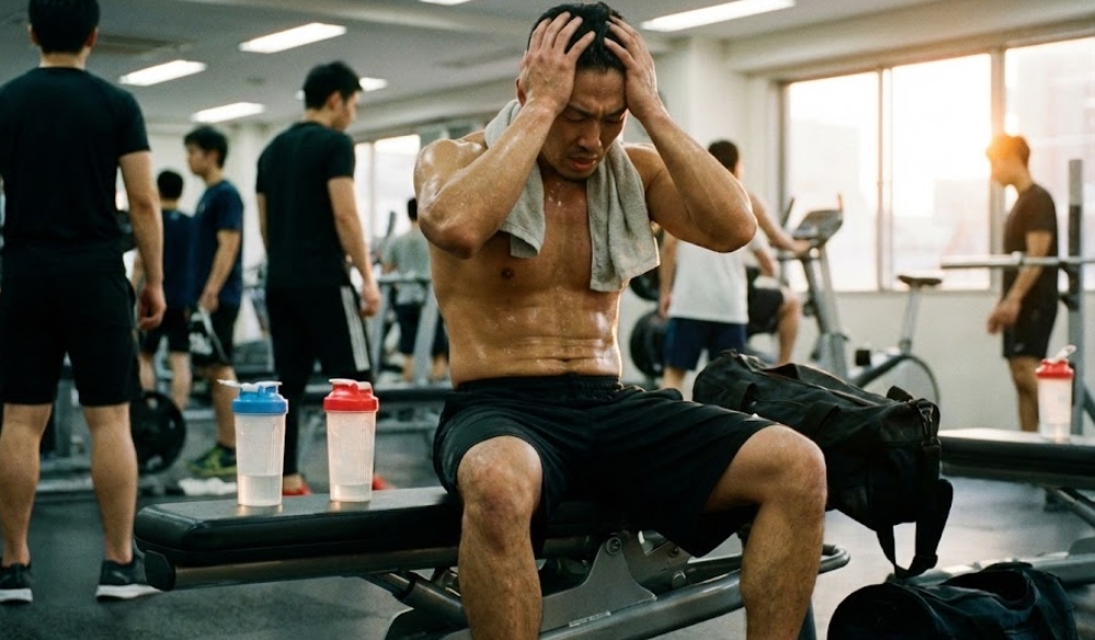 夕暮れの日本のジムで、激しい筋トレの後に汗だくになり、ベンチに座って頭を抱え疲労困憊している日本人男性の様子。周囲には他の利用者の姿もある。