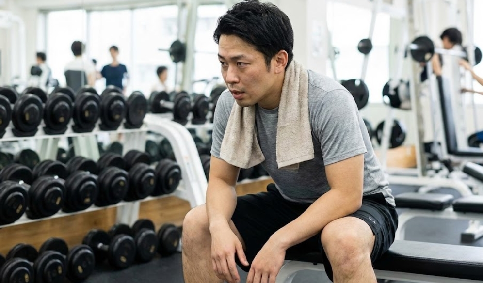 ジムのウエイトベンチに座り、首にタオルをかけて疲れた様子で息を整えている日本人男性。背景にはダンベルが並んでいる。