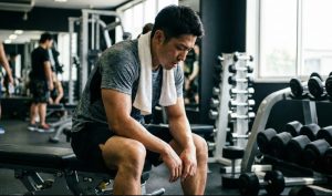 ジムのベンチに座り、タオルを首にかけてうつむき加減で休憩している汗ばんだ日本人男性。