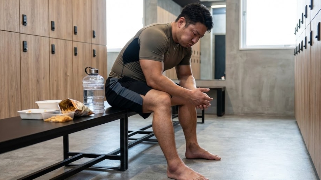 ジムのロッカールームのベンチに座り、食べ過ぎた空の容器やスナック菓子の横で、足のむくみや体の不調を感じてうなだれている日本人男性トレーニーの様子。