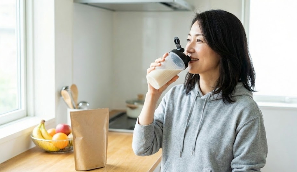 明るい自然光が差し込むキッチンで、グレーのパーカーを着た40代くらいの日本人女性が、シェイカーボトルからプロテインシェイクを飲んでいる。彼女は窓の外を穏やかな表情で見ている。木製のカウンターの上には、バナナやリンゴが入ったガラスのフルーツボウルと、無地の茶色いクラフト紙の袋が置かれている。背景にはIHコンロや調理器具が見える。