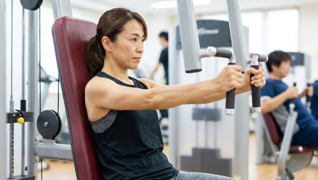 ジムのチェストプレスマシンで、真剣な表情でグリップを握り、ゆっくりとした controlled な動作でトレーニングを行っている40代の日本人女性。
