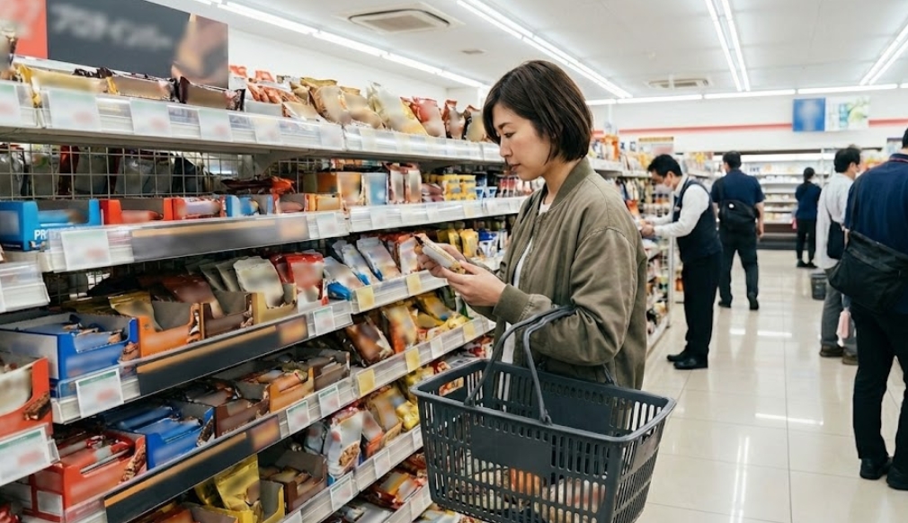 日本のコンビニエンスストア（セブンイレブン）の店内で、買い物かごを持ったショートカットの女性がプロテインバーが並ぶ棚の前に立ち、商品を一つ手に取ってラベルを確認している様子。背景には他の買い物客や店員の姿も写っている。商品棚の文字情報にはぼかし加工が施されている。