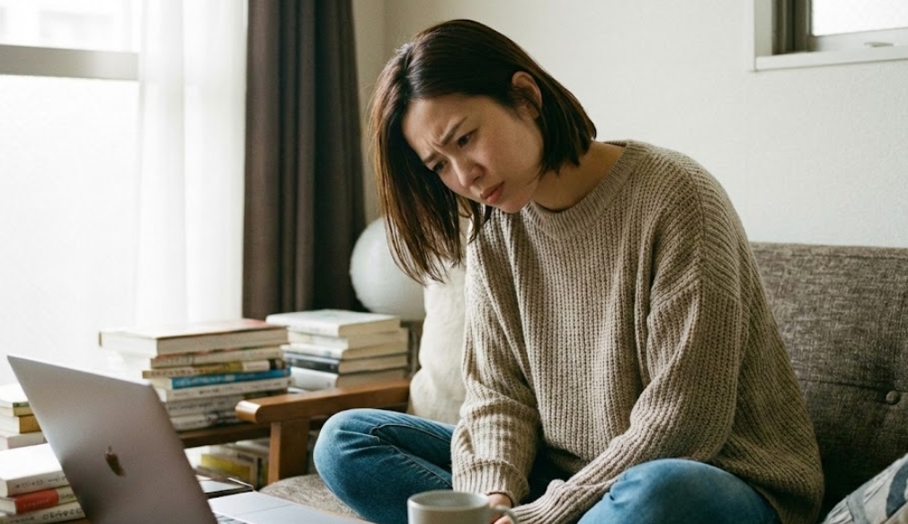 自宅のリビングルームで、ソファにあぐらをかいて座り、ノートパソコンの画面を見つめながら、眉をひそめて首をかしげている日本人女性。困ったような、考え込んでいる表情。テーブルの横には本が積み上げられ、手元にはマグカップがある。窓から自然光が差し込んでいる。