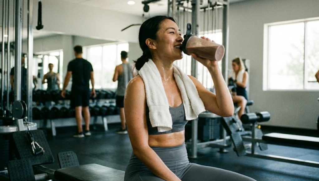トレーニング後、ジムのベンチに座って汗をかきながら、笑顔でシェイカーに入ったチョコレートプロテインを飲んでいる日本人女性。首には白いタオルをかけており、背景には他の利用者やトレーニングマシンが見える。