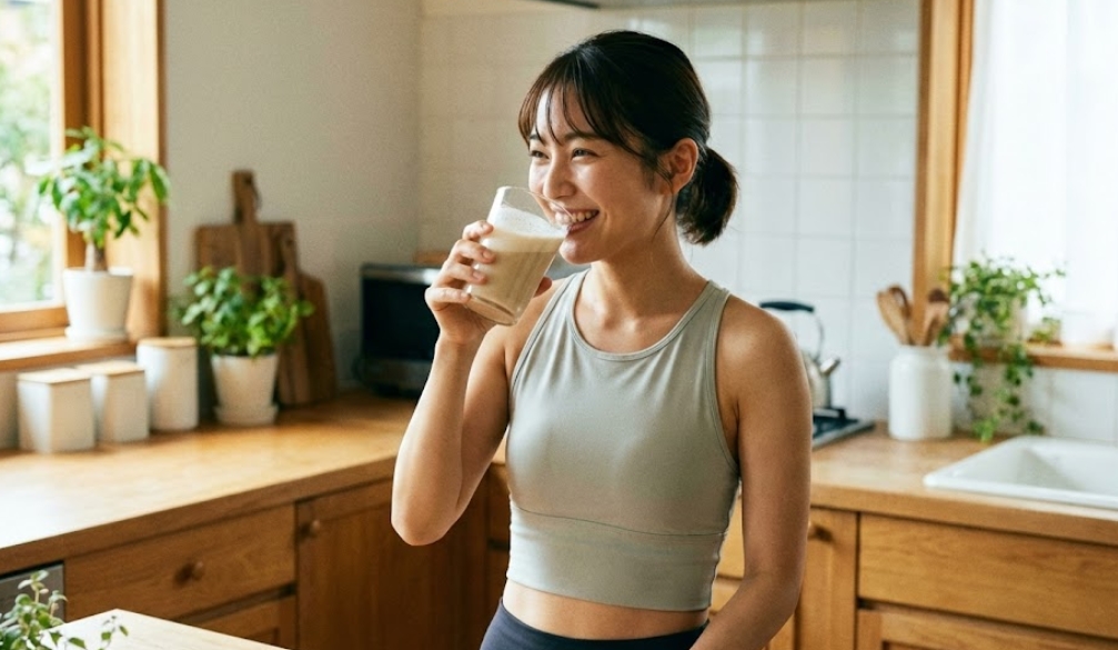 自然光が差し込む明るいキッチンで、グレーのトレーニングウェアを着た若い日本人女性が、グラスに入ったプロテインシェイクを笑顔で飲んでいる様子。